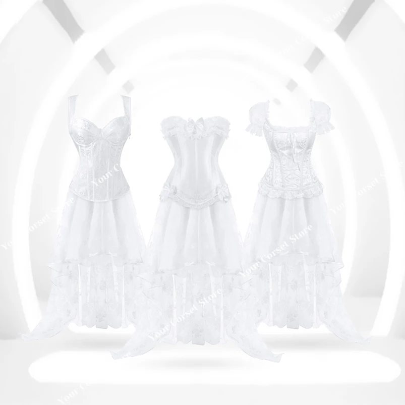 Vestido de corsé de talla grande para mujer, corpiño victoriano, falda larga, conjunto de corsé de boda, traje burlesco, vestido de novia, vestido de corsés blanco