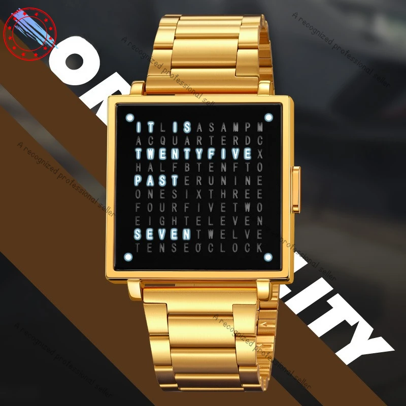 

Moment Beauty Creative LED Letter Display Square Steel Belt Watch Fashion Personality Men's Casual Waterproof Electronic Watch