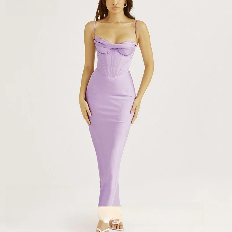 Dr New Sle da donna sexy Colletto in pile sexy Cinturino a pieghe in fibra di raso Lungo Dr Vita alta Sle europeo Estate Dr