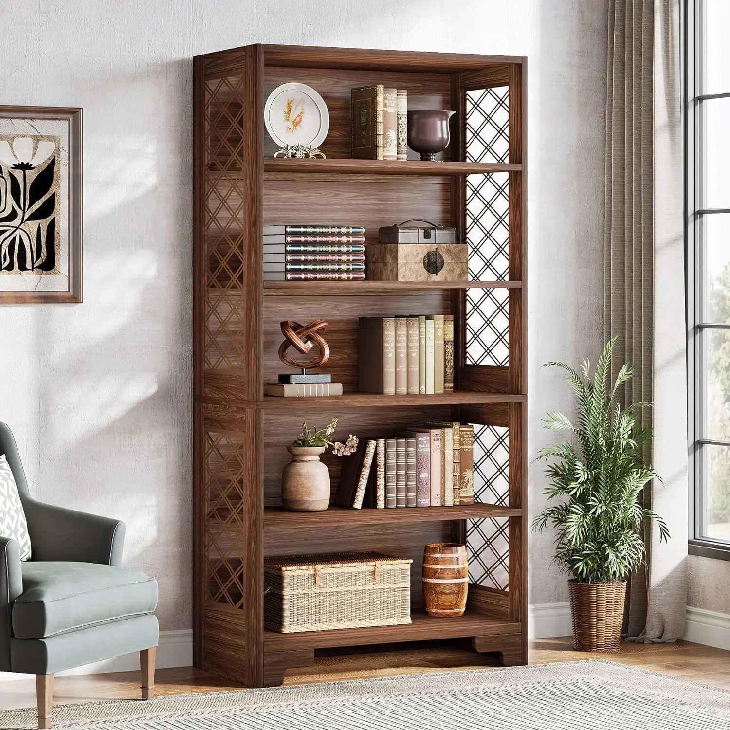 

6-Tier Bookcase, 70.8" Vintage Tall Bookcase,5-Shelf Mid-Century Display Rack Storage Shelves for Home Office, Bedroom