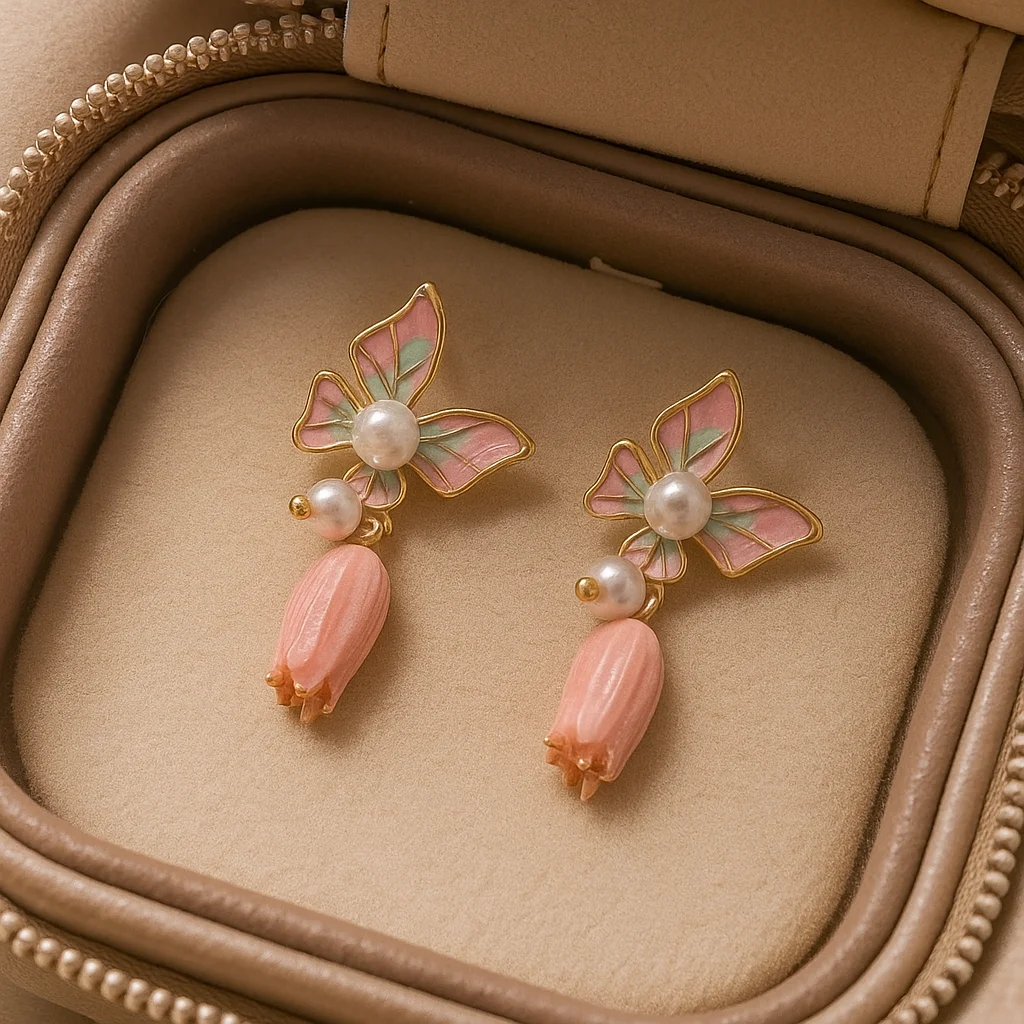 ضوء الفاخرة فراشة الأقراط النفط قطرة زهرة قلادة Vintage أقراط النساء اللؤلؤ الأذن مجوهرات الحلو وأقراط حلية