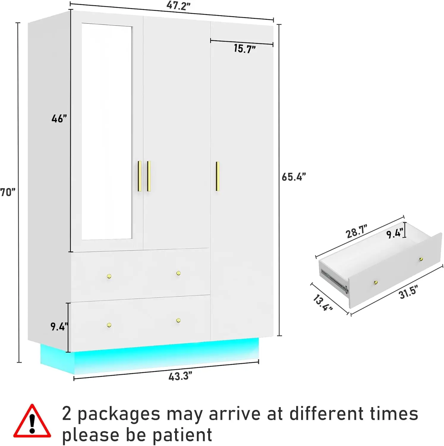 3 Door Armoire Wardrobe Closet Cabinet with Mirror and LED Light, 2 Drawers, 3 Doors, Hanging Rod, Large Capacity Storage Wardro