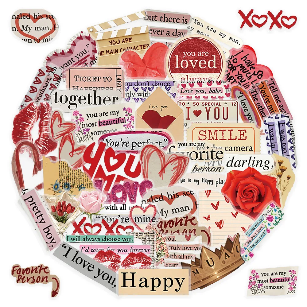 

51Pcs Valentine's Day English Letters Stickers for Romantic Gift Decoration Golden Memory Stickers Store