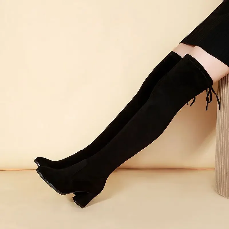 

Women's 2025 Autumn Winter New Over The Knee Boots Black Pointed Toe Lace Up Chunky Heel Winter Slimming Velvet Leather