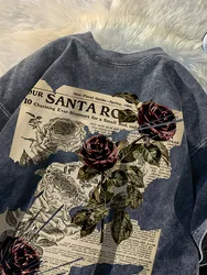 Romantic Rose Vintage Print Plus Size Women's T-shirt American Art Trendy L-6XL Tops 2024 New Y2k Summer Streetwear Clothing