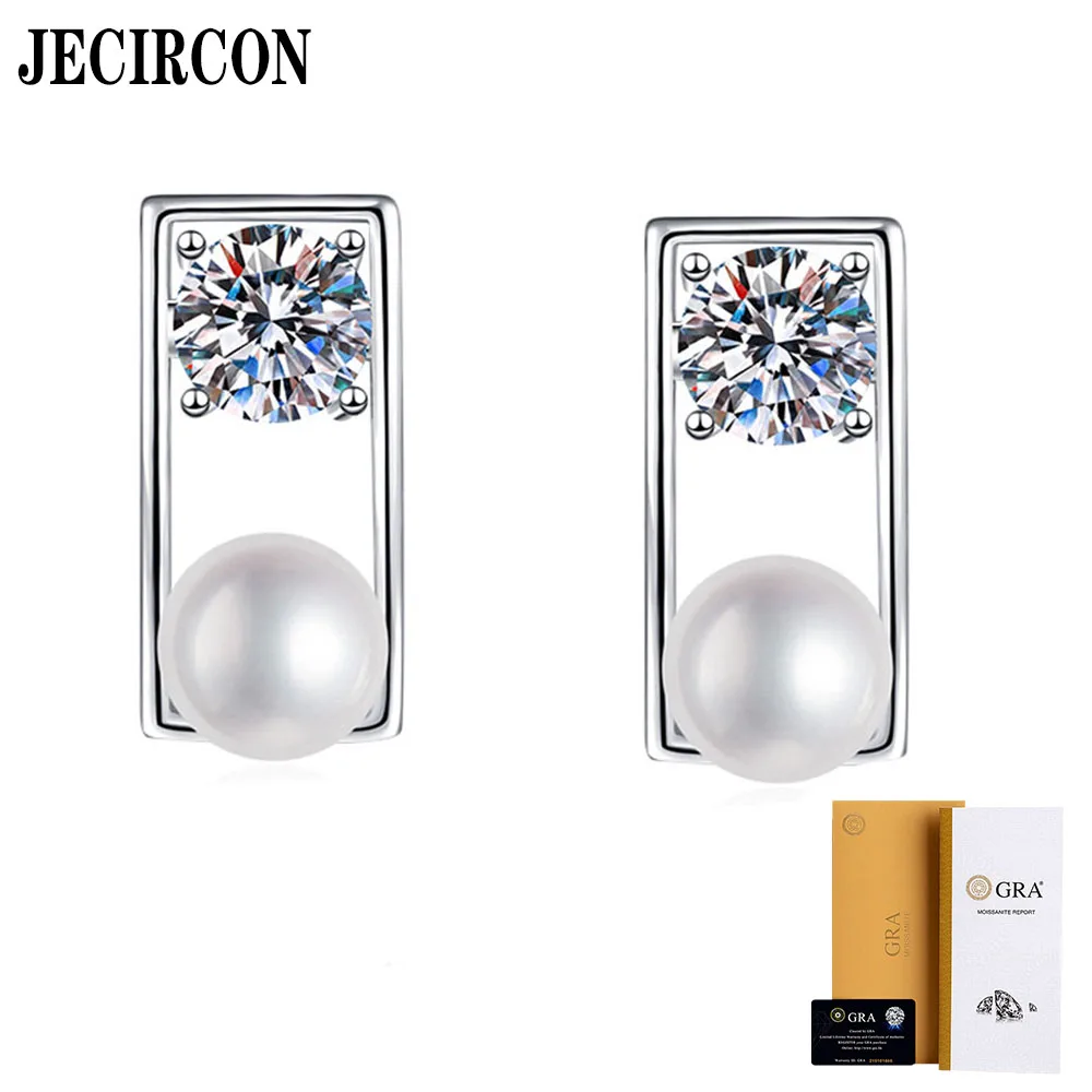 

JECIRCON S925 Sterling Silver Stud Earrings for Women European and American French Geometric Moissanite Freshwater Pearl Jewelry