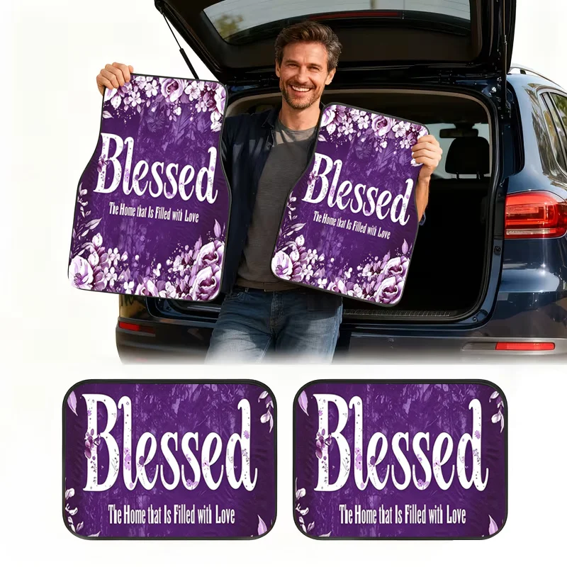 2pcs/4pcs Polyester Fiber Purple Blessing Print Fashionable Car Floor Mats, Practical Car Interior Decoration Accessories