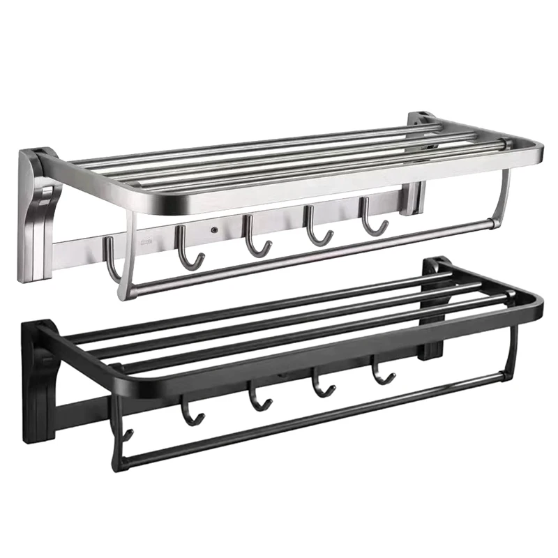 

Bathroom Towel Rack Shelf With Hooks Folding Movable Bath Towel Bars Stainless Steel Holder Bathroom Accessories