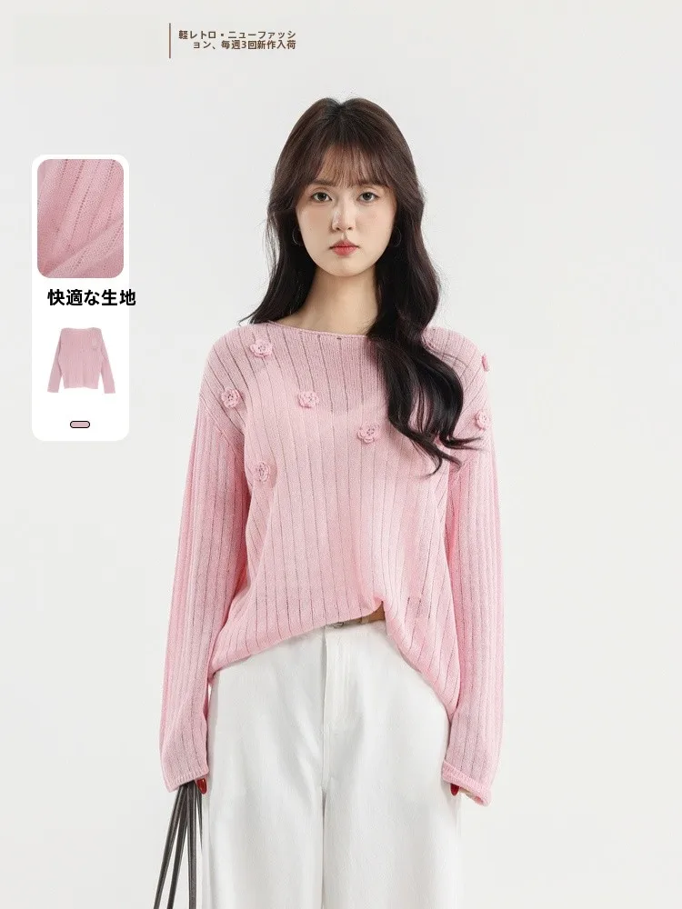 

Memory's Start Crew Ne Knitted Sweater Summer New round Ne 3D Flower Knitted Top Ele Loose Fit Long Sve Women's Sw...