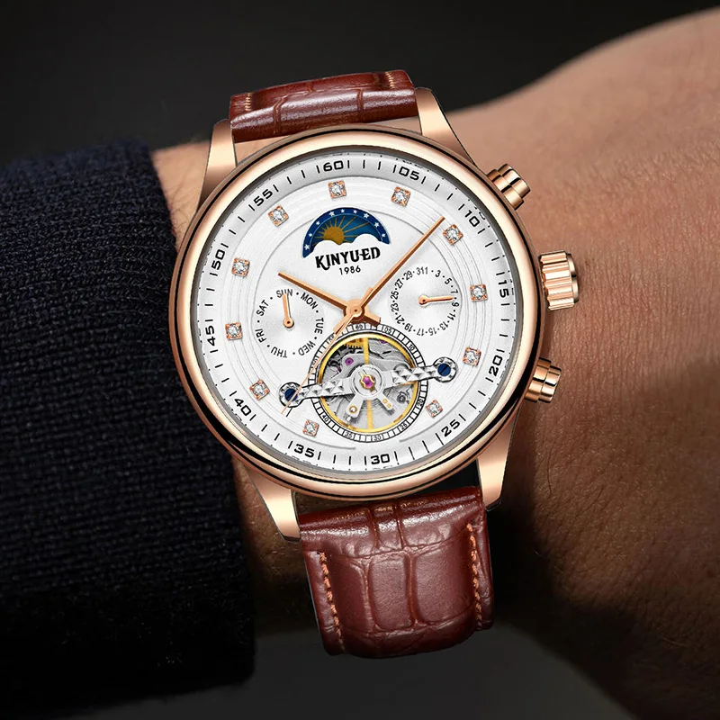 Kinyued New Released Men Mechanical Watches For Man Moon Phase Watch Date Week Month Luminous Display Classic Clock