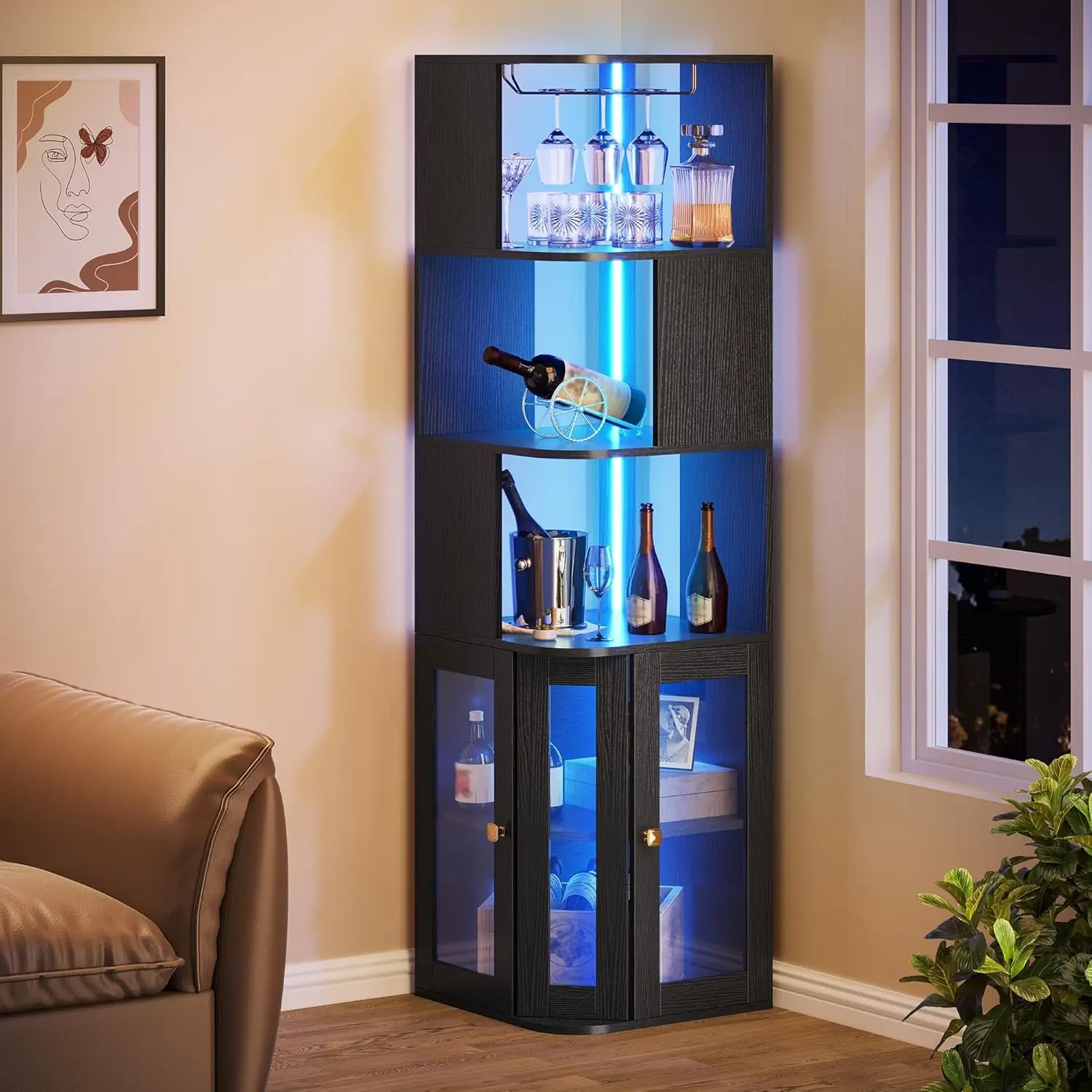 Armoire à vin d'angle avec lumières LED et support en verre, armoire de bar d'angle avec porte en verre trempé et étagères réglables, barre d'alcool