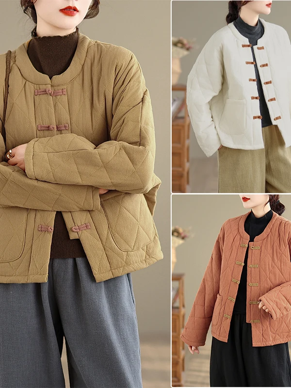 

Retro Cotton Jaet Tai Chi Zen Meditation Large Size Button Artistic Design Thiened Cotton Coat Ladies Winter Wear