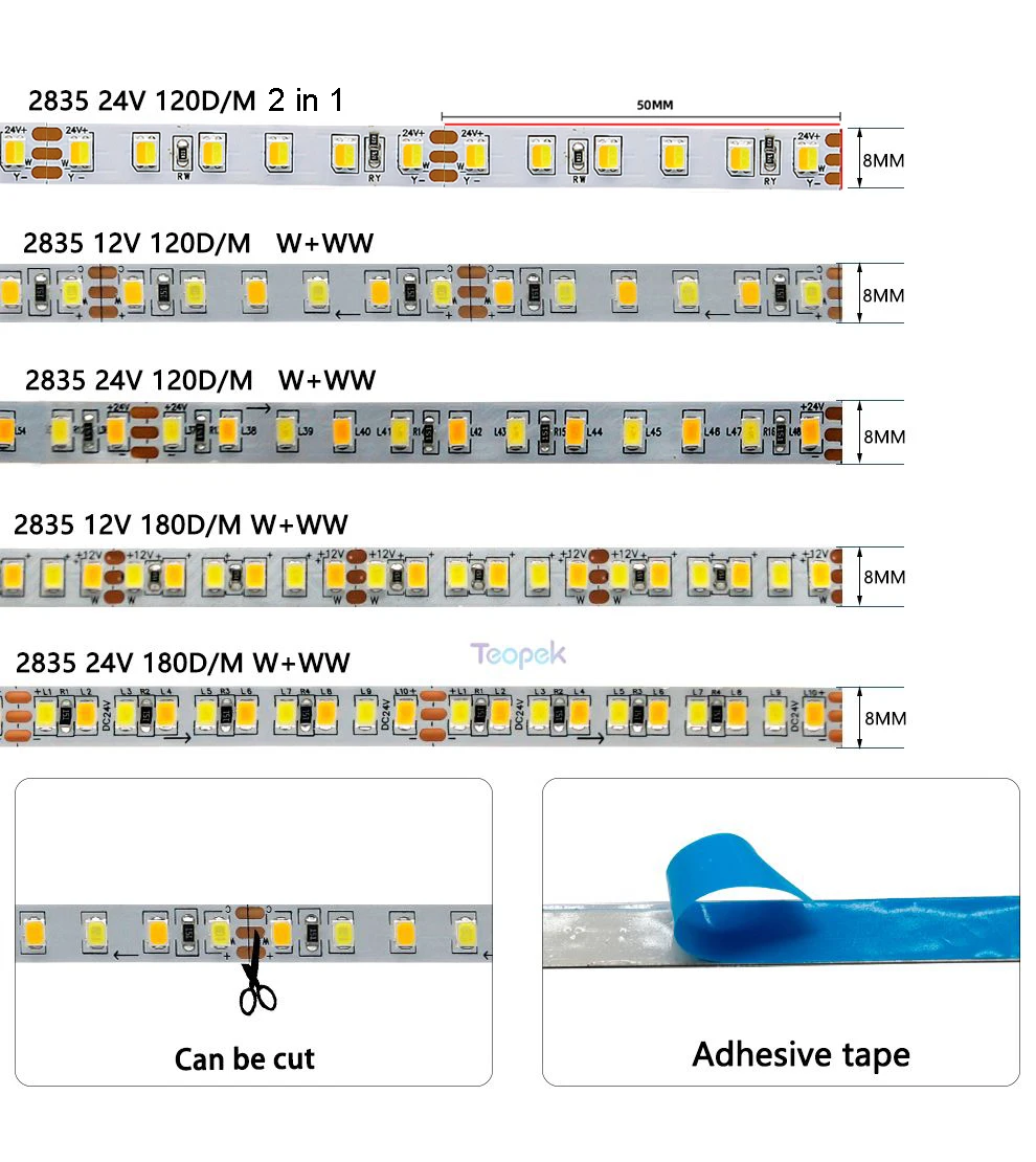 CRI 90+ 2835 Dual White LED Strip WW+CW 2 in 1 Color Temperature Adjustable LED Tape Ribbon DC12V 24V