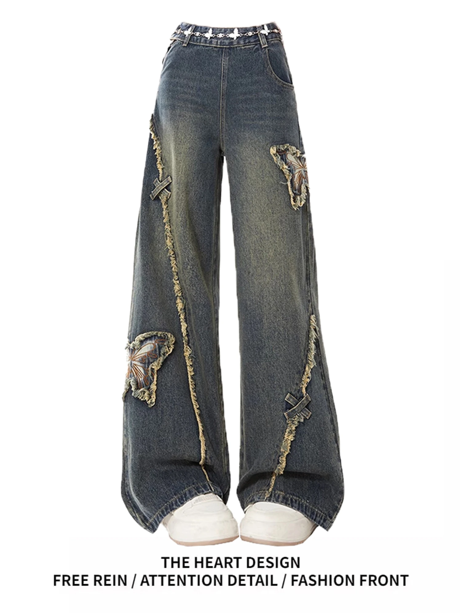 Women's Blue Denim Wide Leg Jeans Fashion Butterfly Embroidery Patch Distressed High Waist Vintage Casual Streetwear Trousers