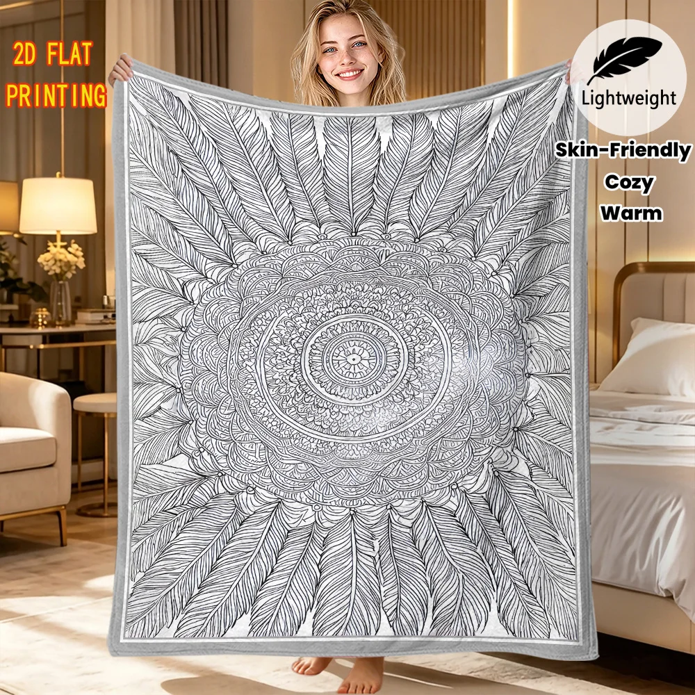 Cozy Flannel Throw Mandala Feather Coloring Page Pattern Symmetrical Art Print Portable Blanket for Picnic Lounging