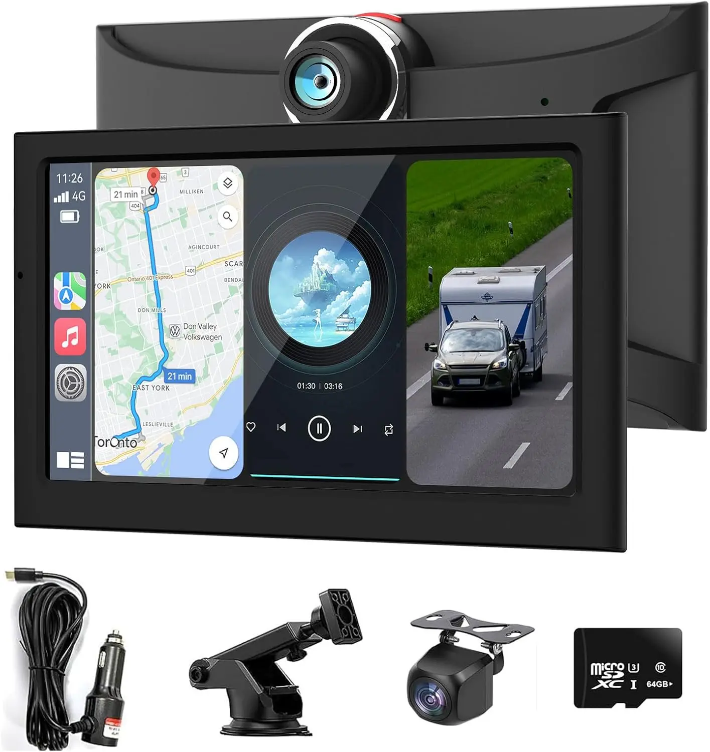 

7' Wireless CarPlay & Android Auto IPS Touch Screen with 4K Dash Cam, 1080p Backup Camera, Bluetooth, GPS, Mirror Link, Voice Co