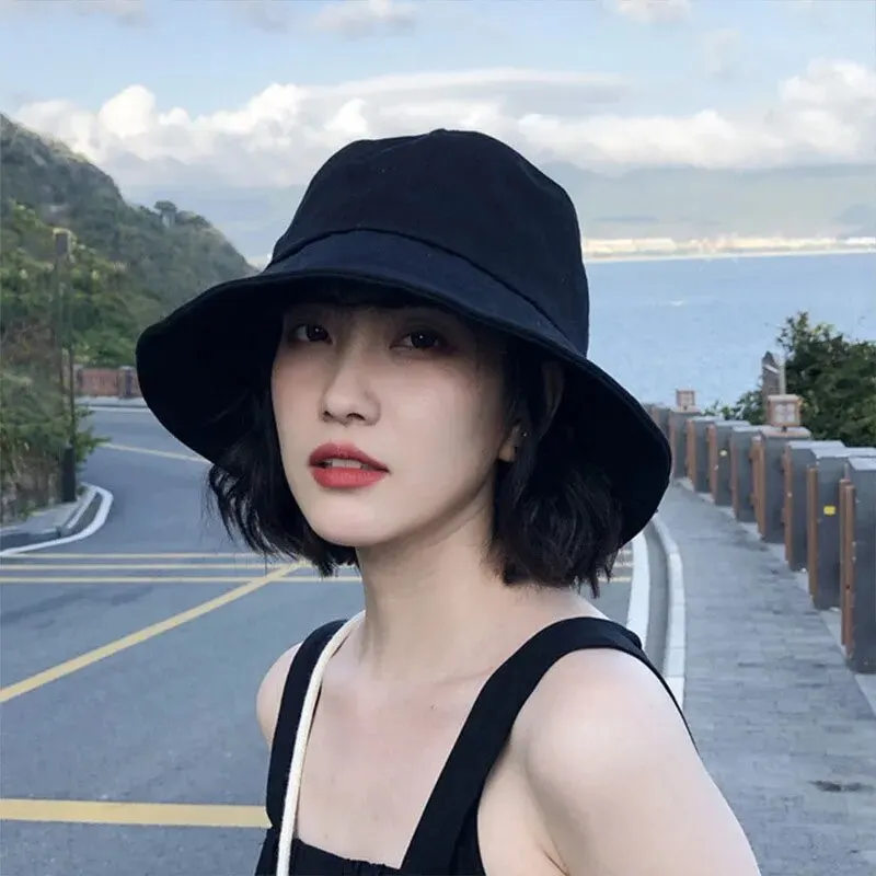 여성용 여름 버킷 모자, 크고 넓은 챙, 야외용 부드러운 코튼 단색 태양 모자, 휴대용 접이식 파나마 모자