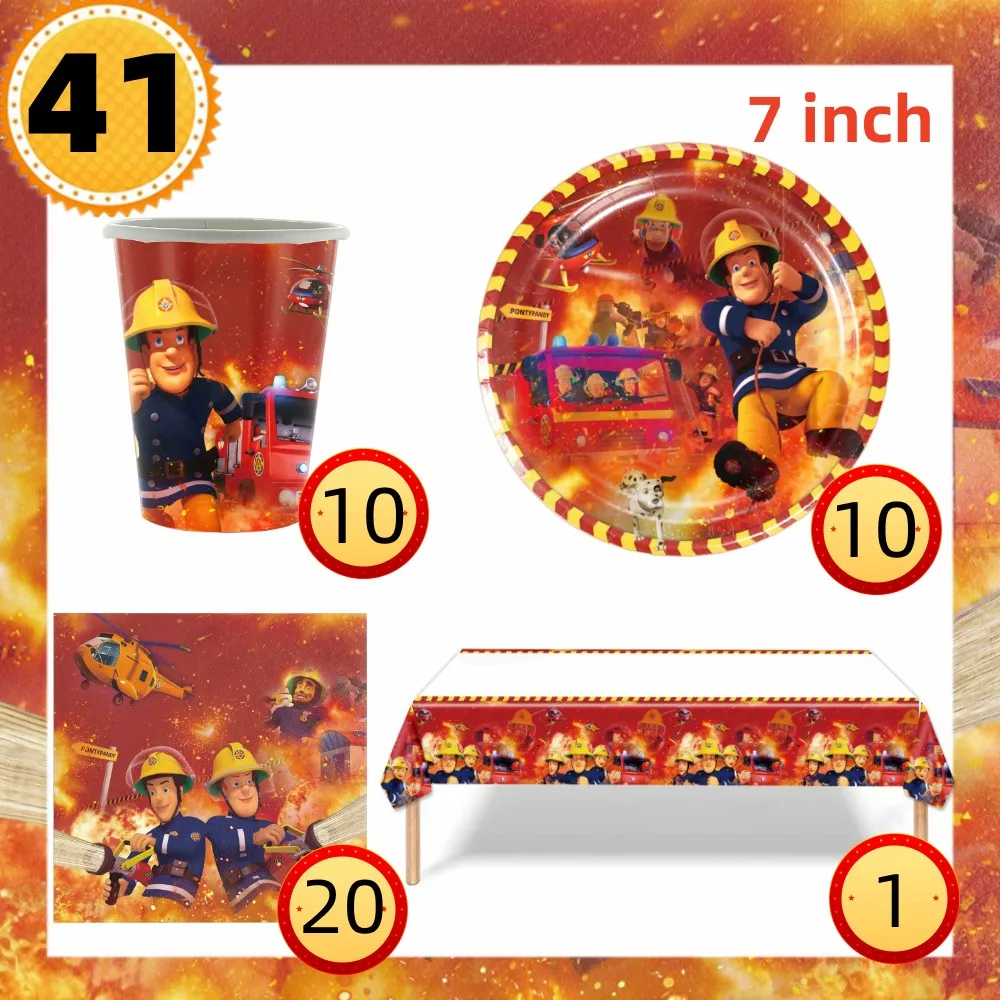 Fireman Sam Birthday Party Decoration Fire Truck Balloons Paper Plate Cup Kids Baby Shower Firefighter Theme Party Supplies Set