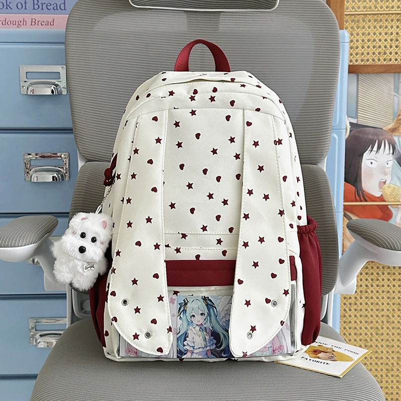 2026 Cute Backpack for Girls Star Heart Print School Bag Large Capacity Student Daypack Kawaii Anime Transparent Pocket Backpack