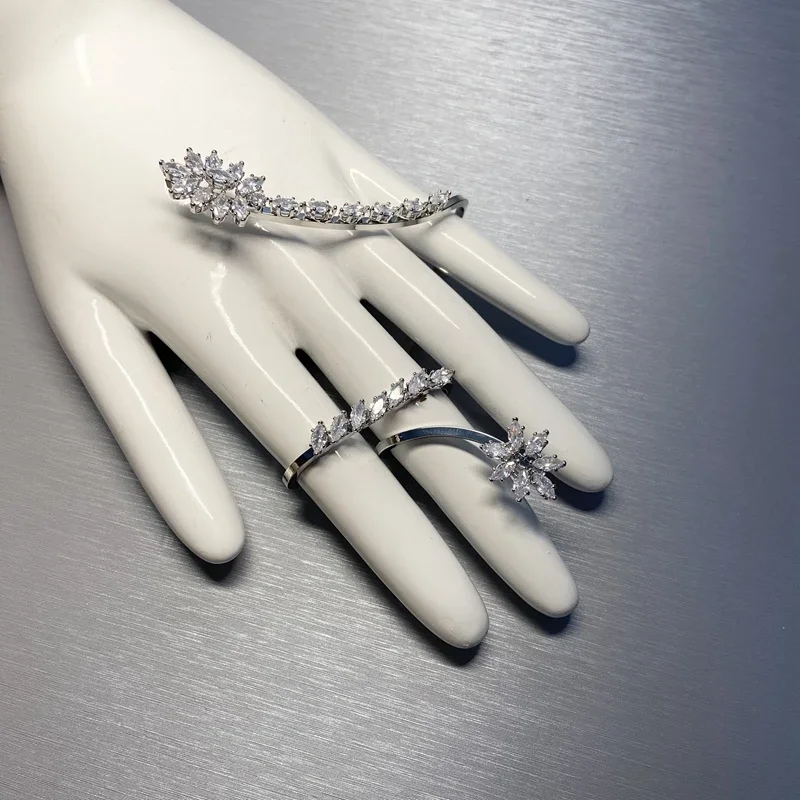 Zircon Plant Leaf Palm Bracelet Link Double Finger Ring One Piece Hand Palm Bangle Jewelry Handlets For Women 925 Silver Color