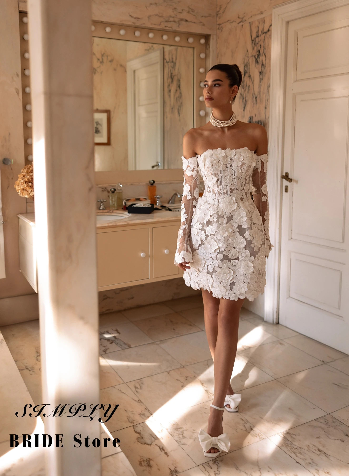 

Customized Detachable Long Sleeves Short Wedding Dress Mini Elegant Embroidered 3D Flower Lace Delicate Beading Bridal Dress
