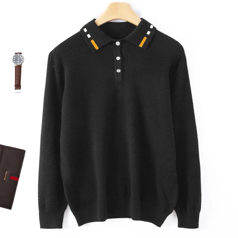 Autumn And Winter New High-End Men's 100% Pure Wool Knitted Bottoming Long Sleeve Shirt Collar Casual Sweater