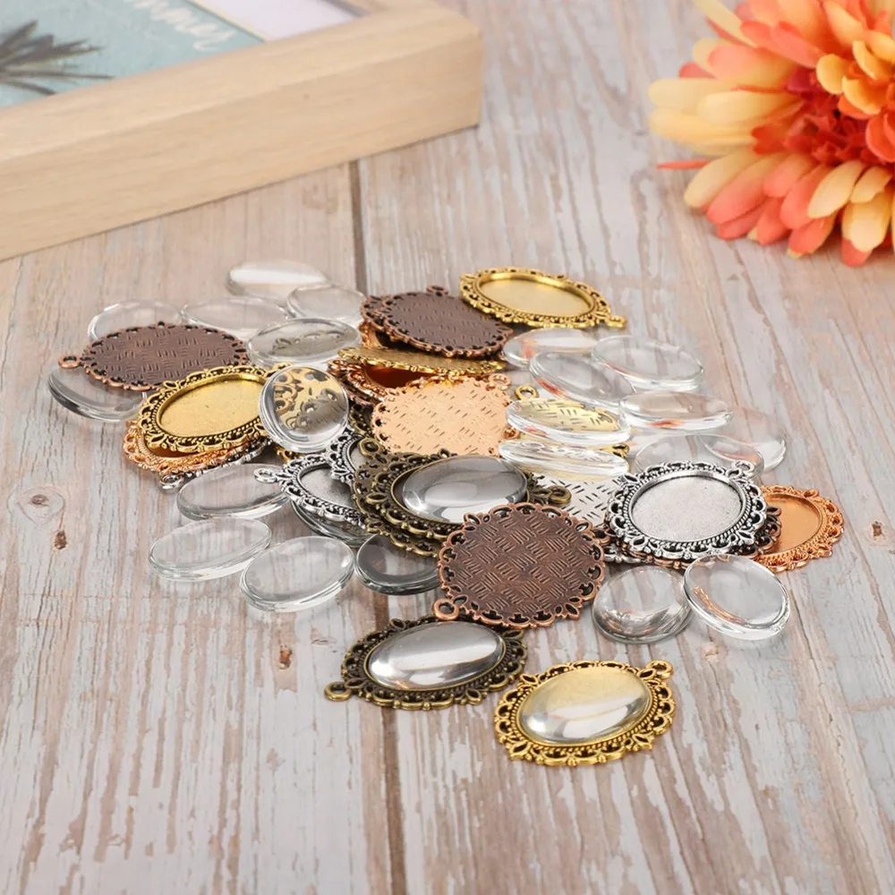 

60Pcs Durable Metal + Glass Pendant Trays 3.5 X 3cm Multiple Colors Jewelry Making Bases DIY Jewelry Trays Jewelry Designers