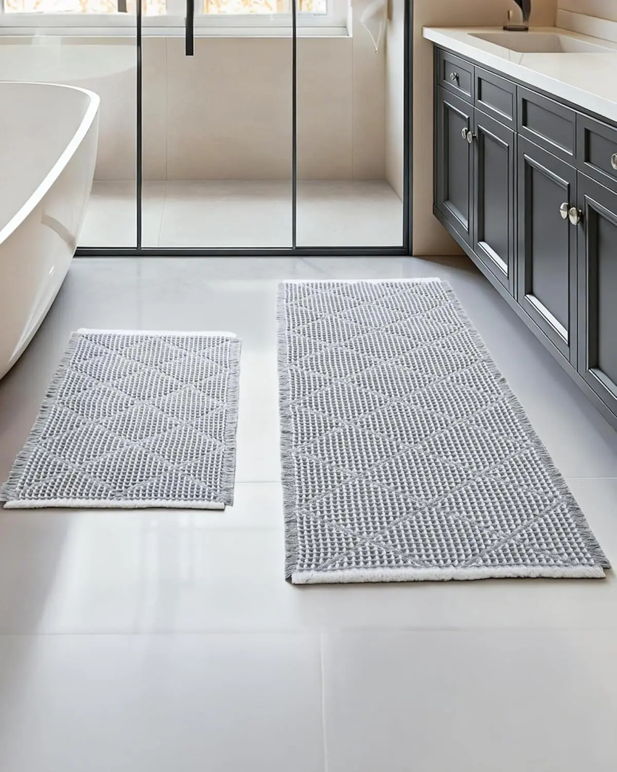 

Non-Slip Waffle Bath Mat Set, Ultra Absorbent Bathroom Rugs in Grey & White, Machine Washable, 2-Piece Boho Decor