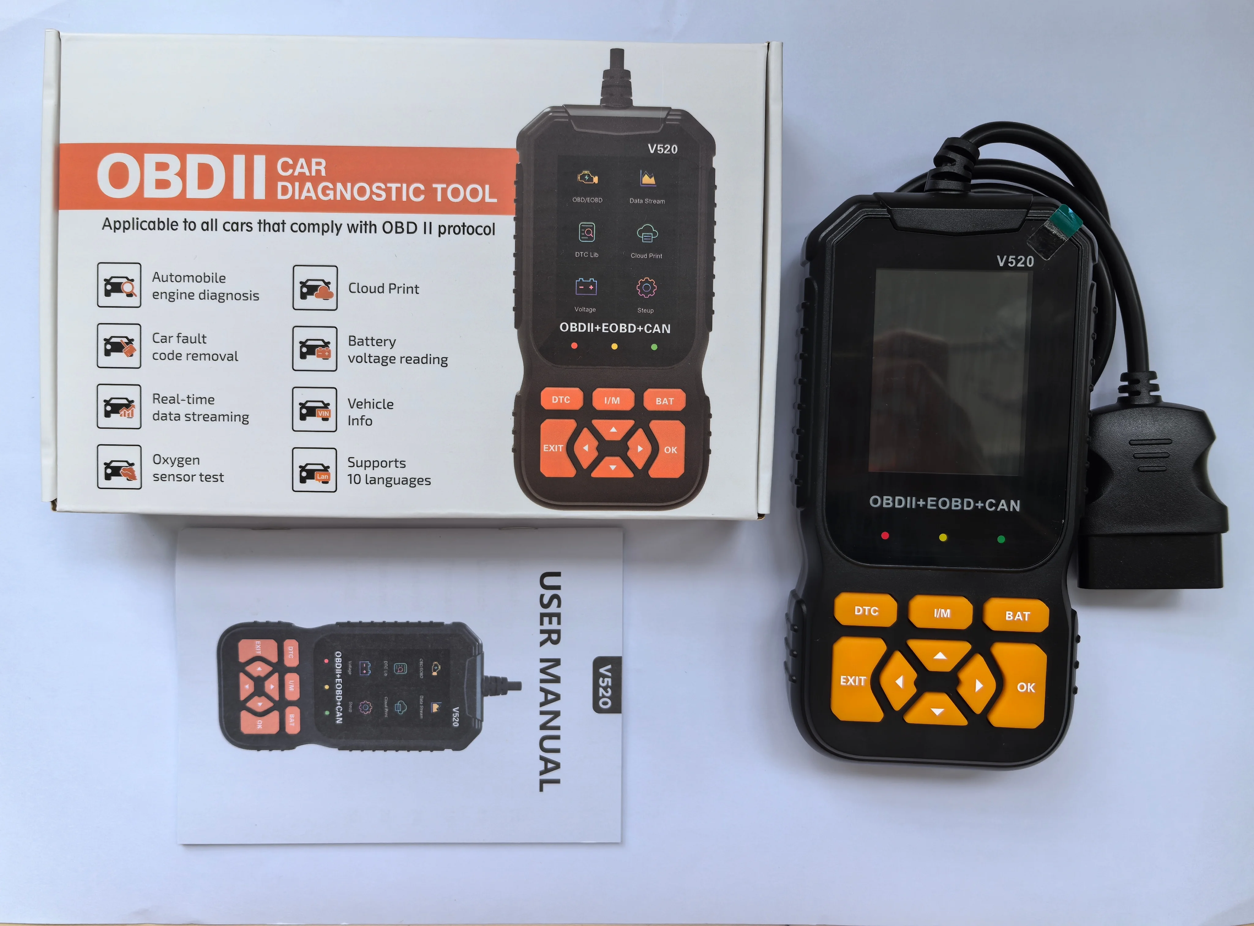 Engine Fault Code Reader V520 OBD2 Universal Car Diagnostic Tools CAN EOBD OBDII Car Scanner Voltage Tester DTC Print Report