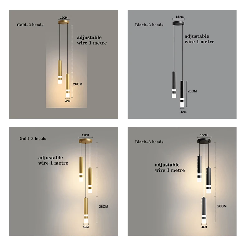 Lámpara colgante led de alto brillo para el hogar, iluminación de 2 o 3 cabezas, color negro o dorado, AC110V, AC240V