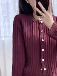 Round neck knitted top elegant short cut hollow thread y2k cardigan suit jacket for women's S home 2024 early autumn new item