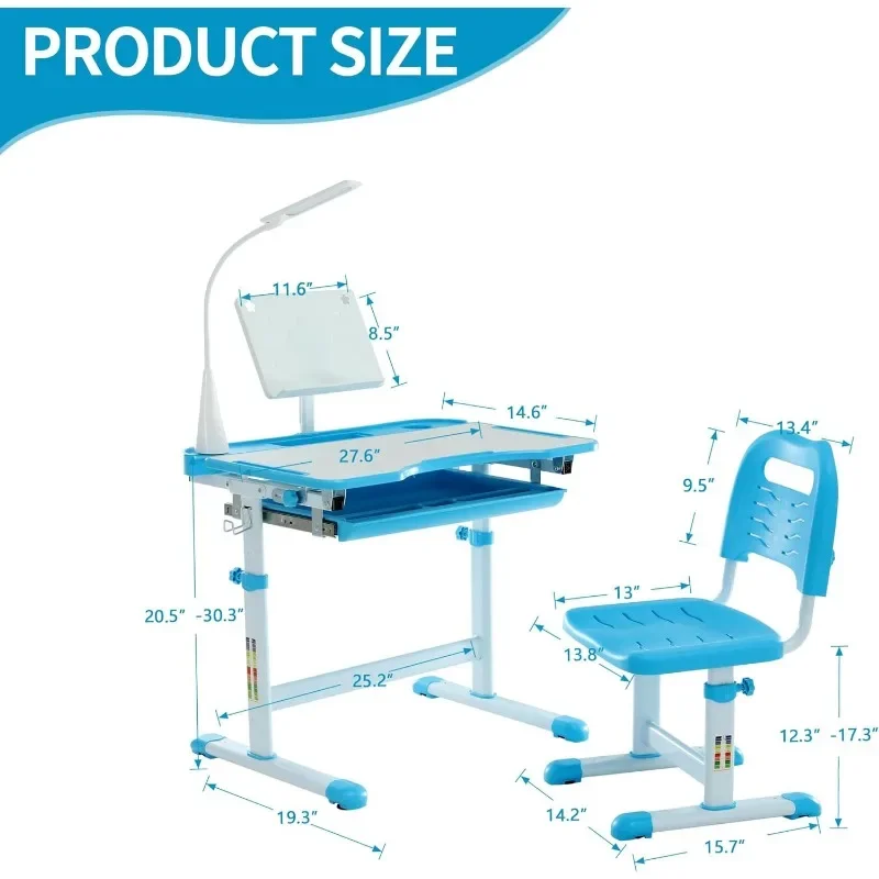 Funkcjonalne biurko i zestaw krzeseł dla dzieci, ergonomiczne biurko szkolne z regulacją wysokości i uchylnym pulpitem, stojak na książki