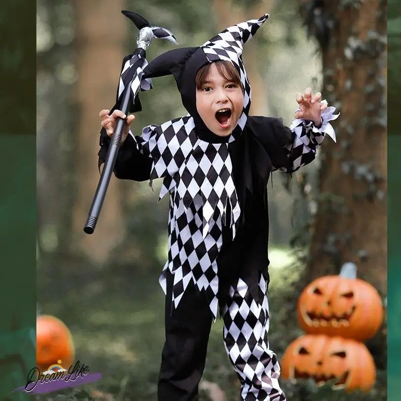 Children's loween Costume Clown Plaid Skirt Masquerade Par Outfit Performances Boys Girls Toddler Nursery Celebration Ta...