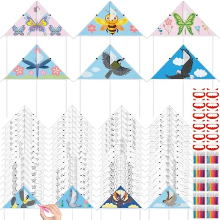 60 Pcs DIY Coloring Kites Kit for Pre-Printed Cartoon Animal Kites Summer Decorating Making Kit with Watercolor Pens and String