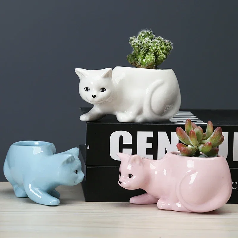 Ceramic Cat Planters Pot, Succulent Planter Pots with Drainage Tray, Small Kitten Flowerpot for Home Office Decor