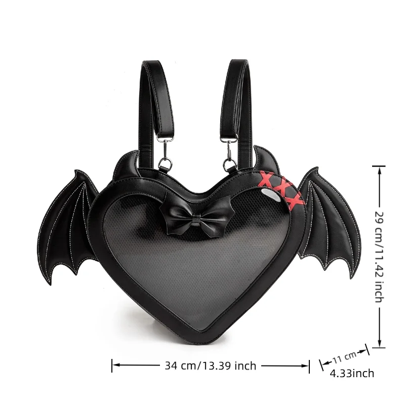 Gothic Heart Shaped Bat Wings Ita Backpack for Women Halloween Party Cosplay Costume Accessories Pins Display Shoulder Bag