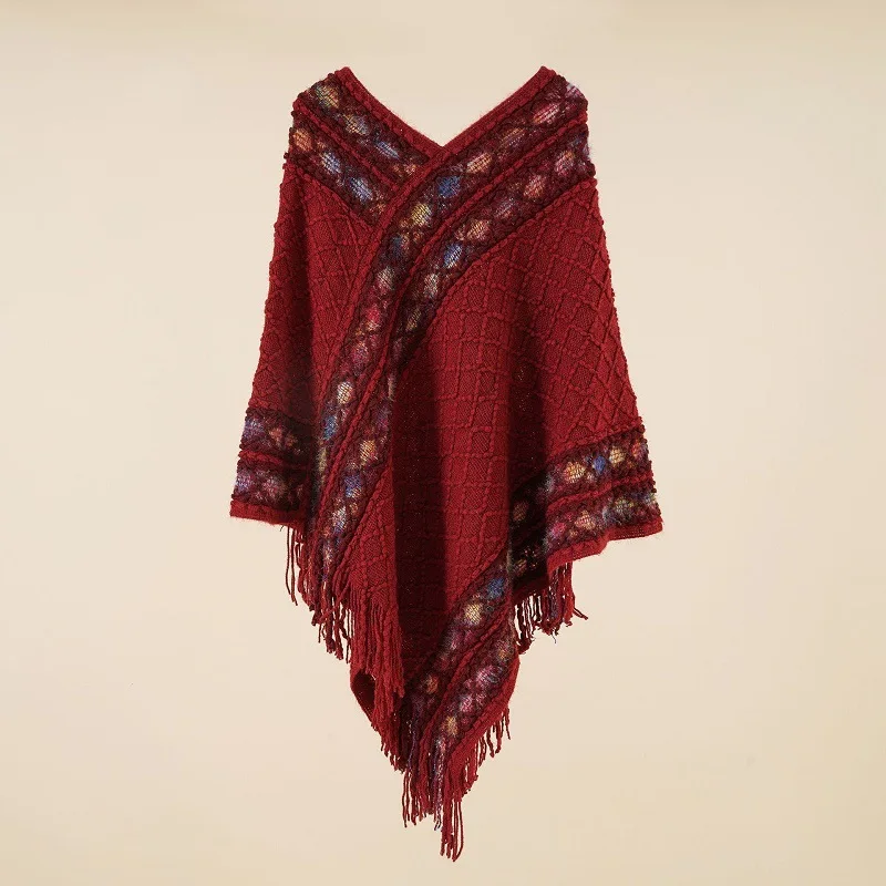 

Poncho Spring Autumn New Pullover Cloak Ethnic Style Cape Outwear Tourism Holiday Photo Leisure Fashion Women Rhombus Red