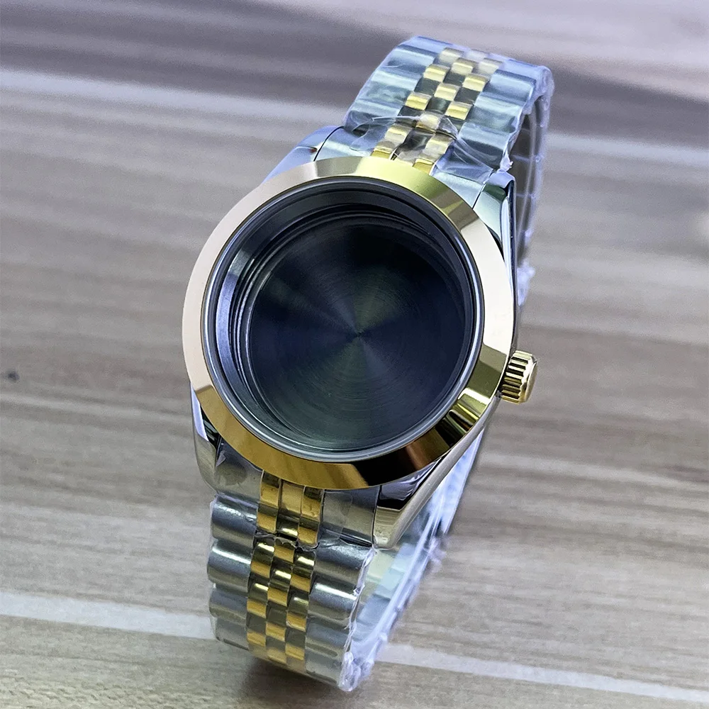 حافظة 36 مم/39 مم، إطار ذهبي، زجاج ياقوتي، سوار من الفولاذ المقاوم للصدأ، NH35، ملحقات تعديل ساعة الحركة NH36