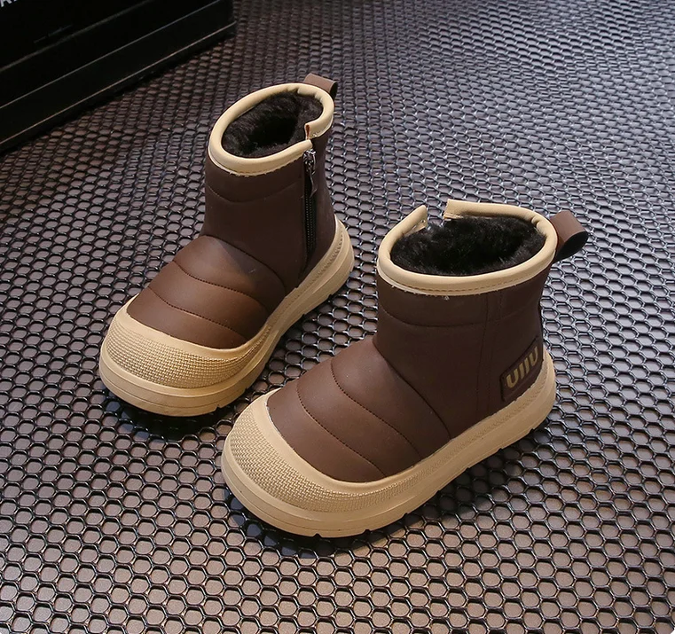 

PU Leather Waterproof Snow Boots For Children Thick Warm Cotton Shoes Soft-soled Faux Fur Plush Boots For Teenager Girls Boys