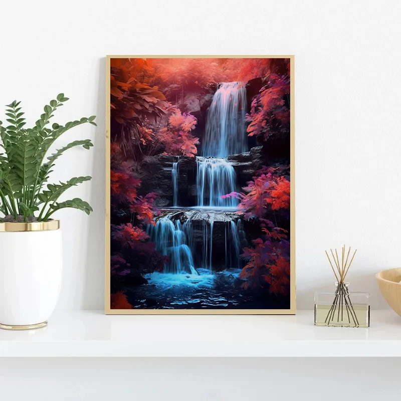 Natural Landscape Sakura Trees Waterfall Print Poster Cherry Blossom River Wall Art Picture Canvas Painting Living Room Decor