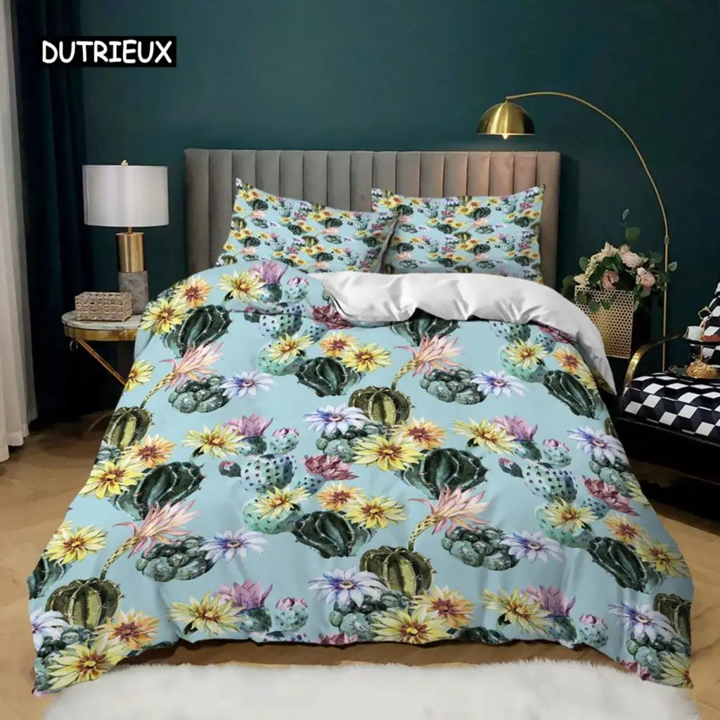 Cactus Duvet Cover Queen King Polyester Watercolor Cacti Pattern Print Bouquet of Thorny Green Plants Blossoms Twin Bedding Set