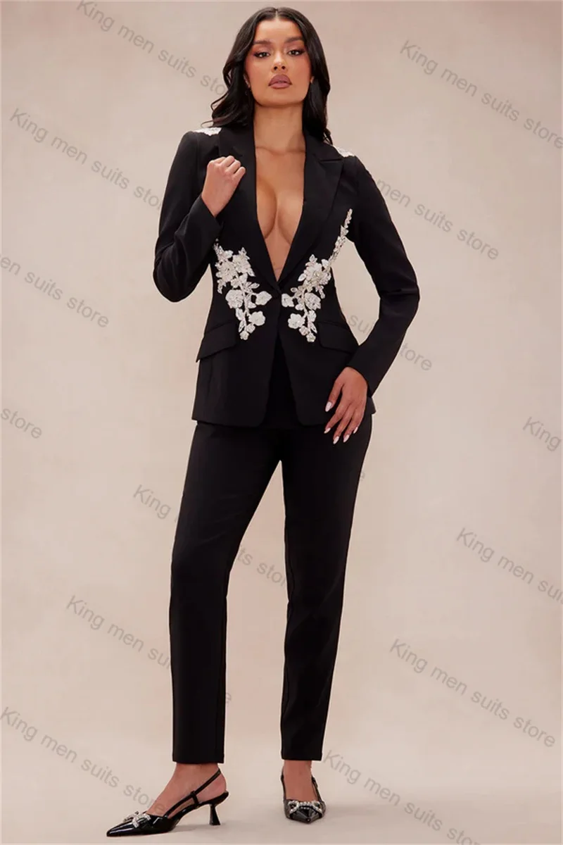 Luxury Black Wedding Women Suit Pants Set 2 Pcs Blazer+Trousers Customized Formal Office Lady Jacket Appliqued Prom Dress Coat