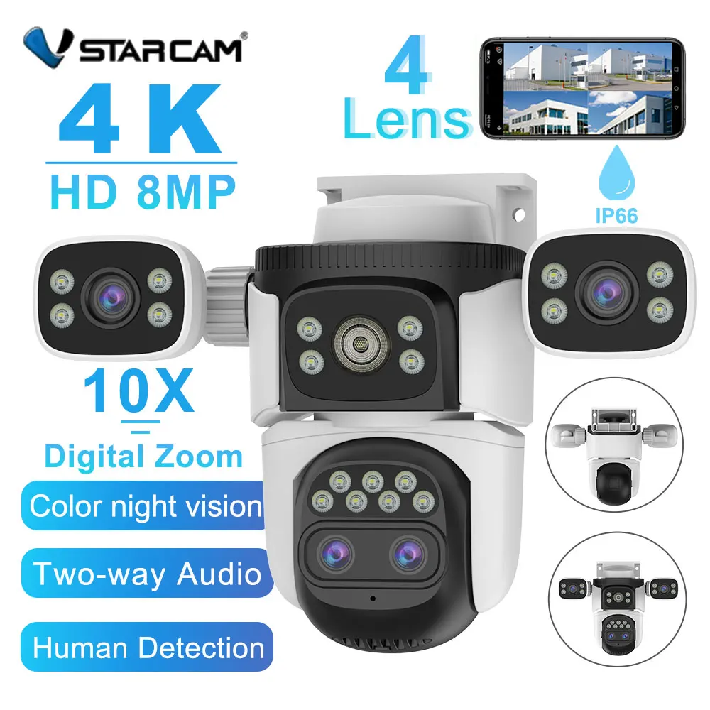 Vstarcam 4K 8MP WIFI PTZ IP Camera 4 Lens 4-Screens Outdoor Smart Tracking 10X Zoom Camera Video Surveillance Waterproof Camera