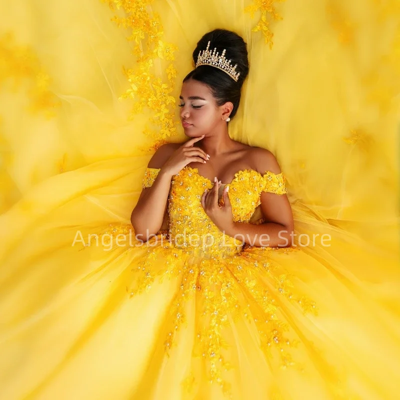 Angelsbride Customized Shiny Yellow Ball Gown Quinceanera Dresses 2025 Appliques Evening Beading Dress Vestido De 15 Quinceañera