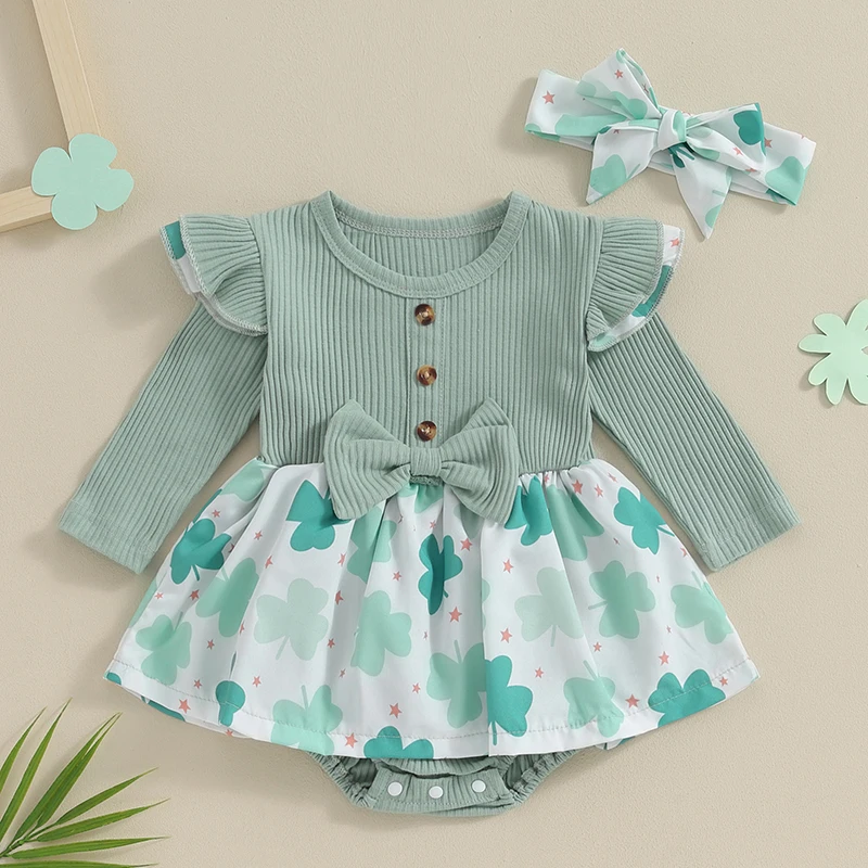 Newborn Baby Girls 1st ST Patrick s Day Outfit  Long Sleeve Romper Dress with Headband  Irish Day clothes