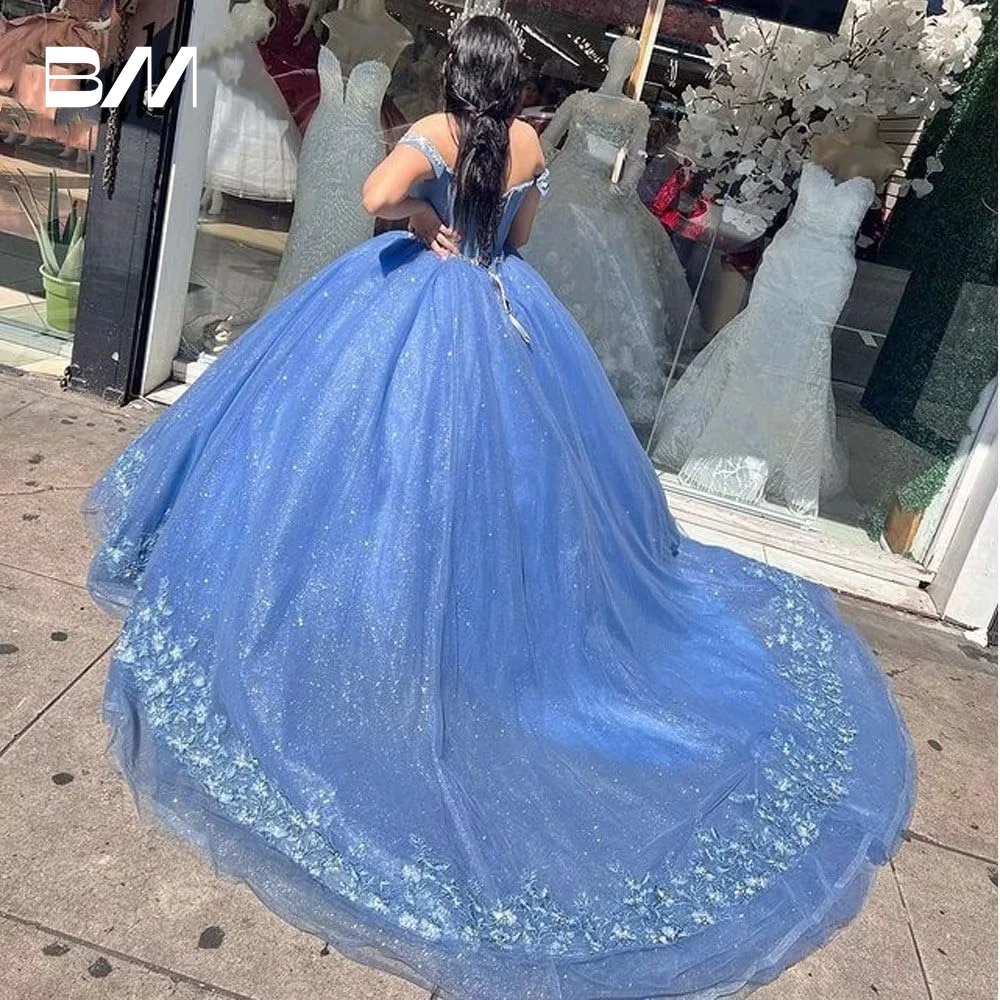 فستان تل لامع كوينسينيرا مخصص حلو 16 ثوب كرة عاري الكتفين Vestidos De 15 Quinceañera Vestidos De Baile