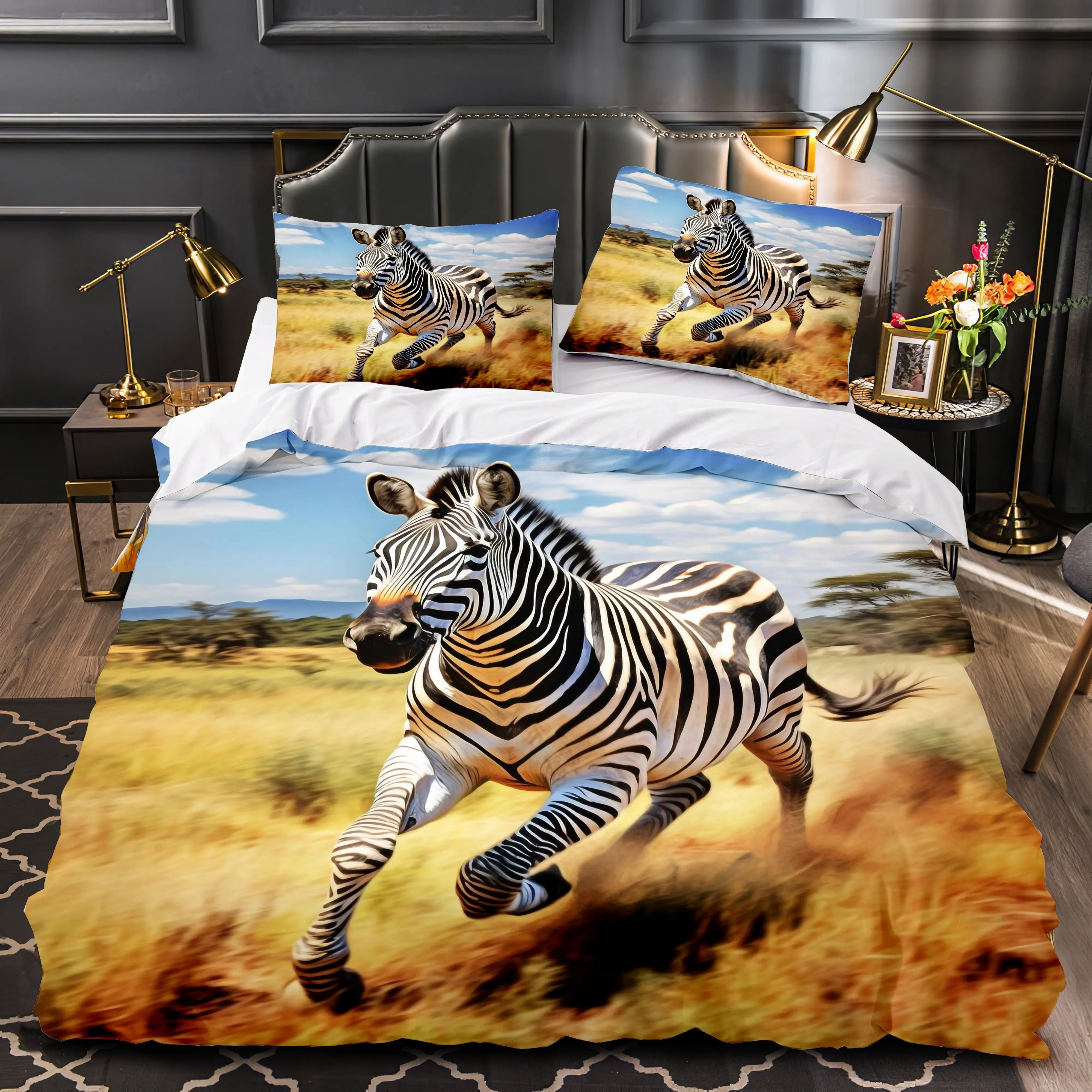 Cartoon Zebra Fashion Quilt Cover Set, Polyester Bedding 1pc Quilt Cover + 1/2pcs Pillowcase, No Quilt Core Soft And Comfortable