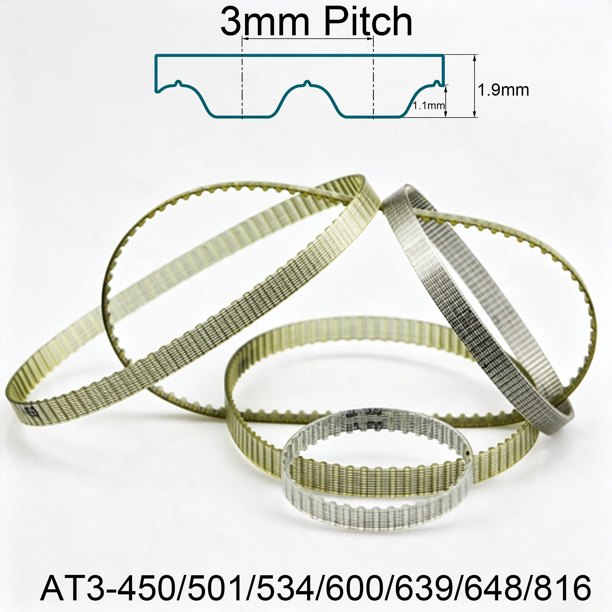 Timing Belt - สายพานไทม์มิ่งซิงโครนัสแบบมีฟันเฟืองทรงสี่เหลี่ยมคางหมู AT3-450/501/534/600/639/648/816 มม. AT3 ระยะห่างฟันเฟือง 3