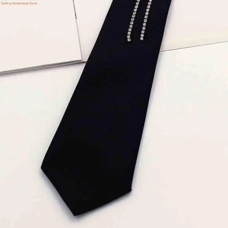 F92D Punk Fashion Tie Black Neck Band مع أحجار الراين المزينة طالب مدرسة موحدة مسبقًا مرتبطة بالرقبة القابلة للتعديل