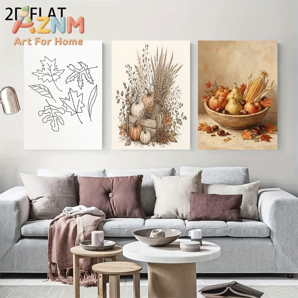AZNM Frameless Canvas Wall Art, Autumn Harvest Print, Maple Leaf Line Art Pumpkin Wheat Fruit Bowl Painting Poster for Thanksgiv